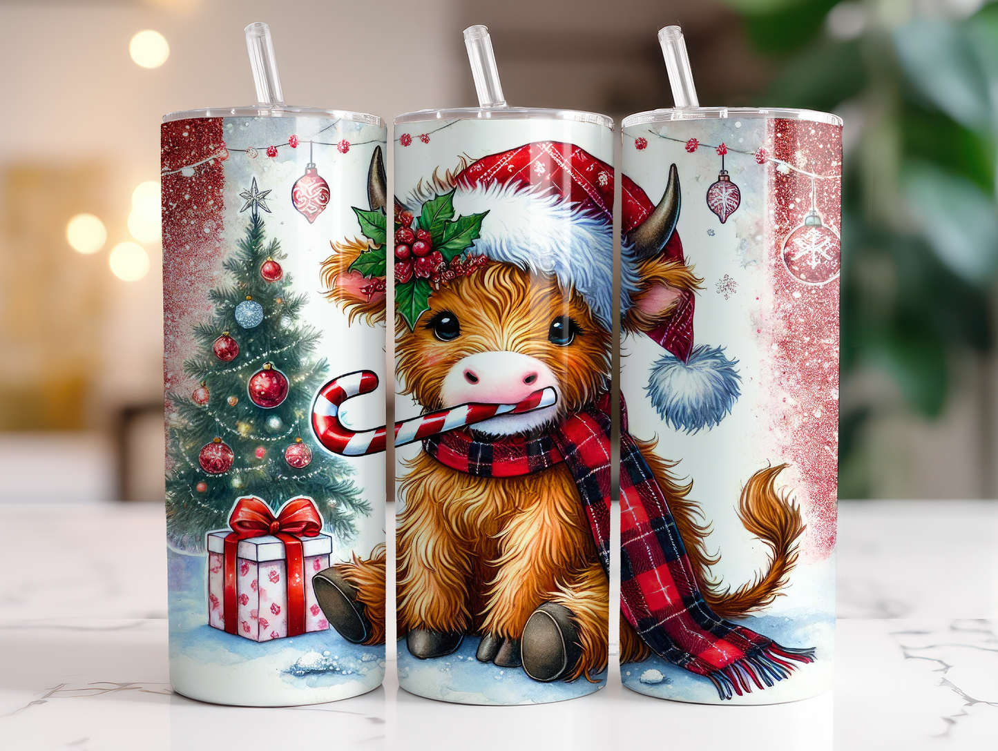 Baby Highland Cow with Candy Canes 20 oz Tumbler