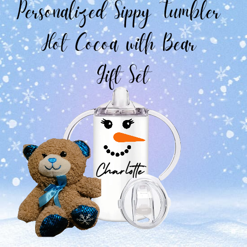 Personalized Sippy Tumbler Hot Cocoa with Holiday Bear Gift Set